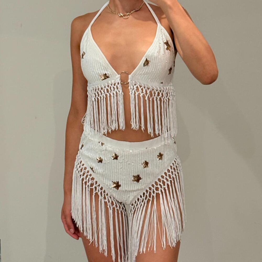 White Sequined Swimsuit with Fringes L